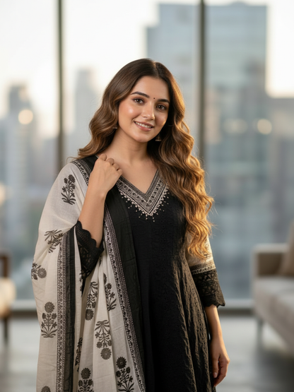 Solid Schiffli Floral Embroidered Anarkali with Pant & Dupatta - Black