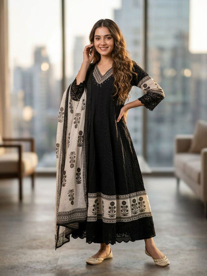 Solid Schiffli Floral Embroidered Anarkali with Pant & Dupatta - Black