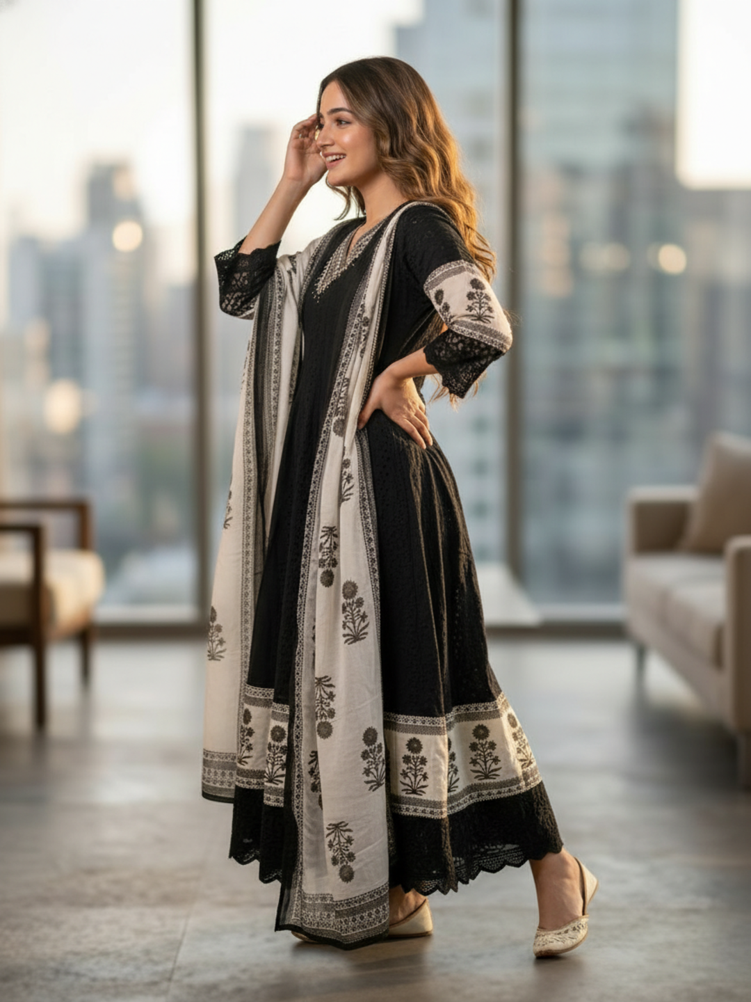 Solid Schiffli Floral Embroidered Anarkali with Pant & Dupatta - Black