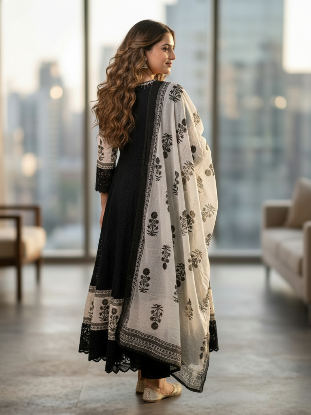 Solid Schiffli Floral Embroidered Anarkali with Pant & Dupatta - Black