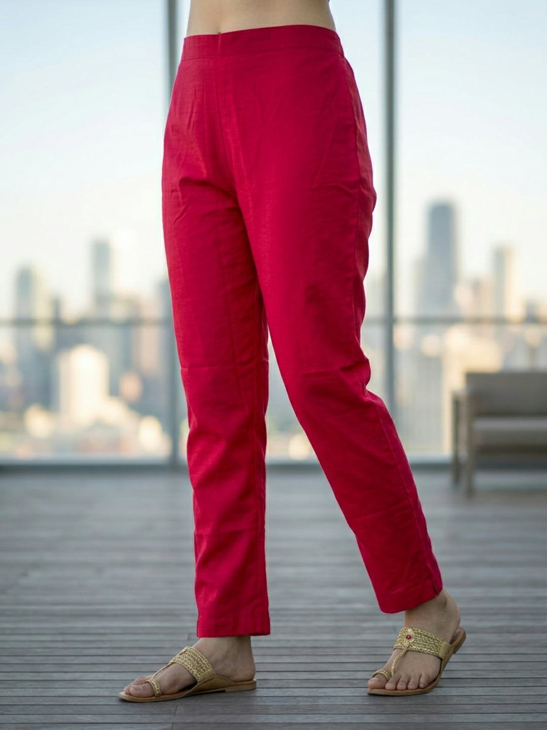 Solid Embroidered Straight Kurta with Pant & Jacquard Dupatta - Rani Red
