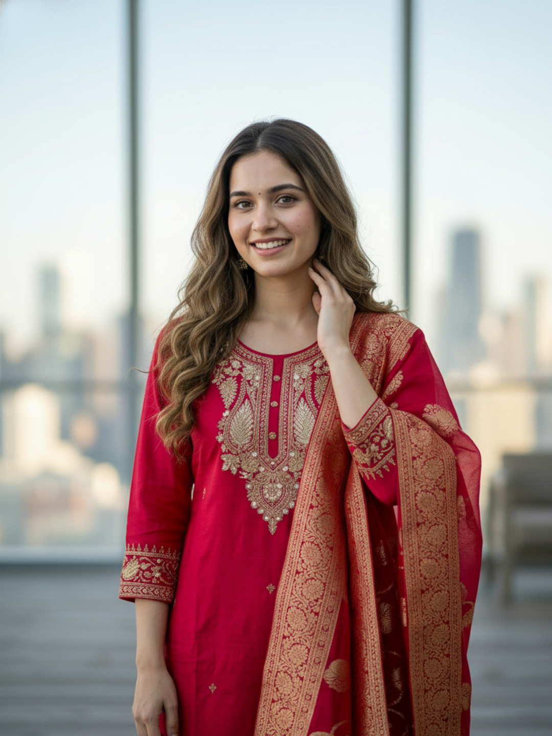 Solid Embroidered Straight Kurta with Pant & Jacquard Dupatta - Rani Red