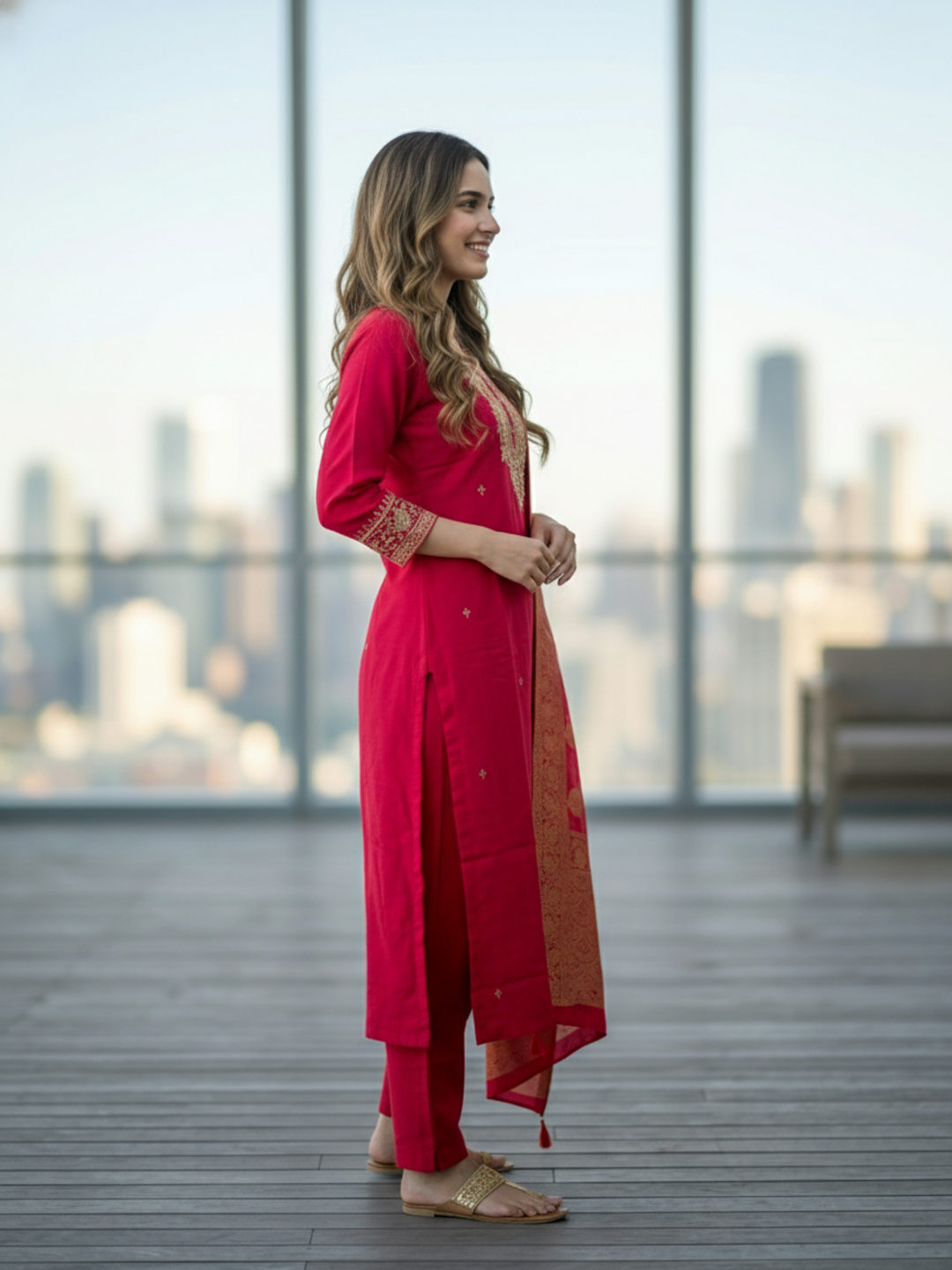 Solid Embroidered Straight Kurta with Pant & Jacquard Dupatta - Rani Red