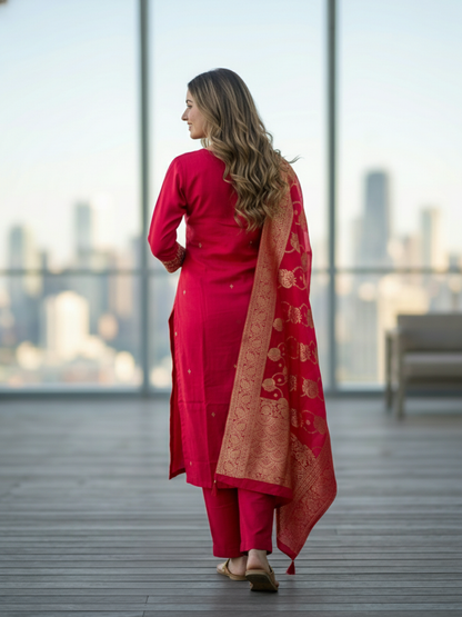 Solid Embroidered Straight Kurta with Pant & Jacquard Dupatta - Rani Red