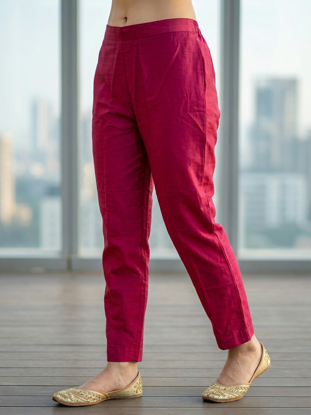 Solid Embroidered Straight Kurta with Pant & Jacquard Dupatta - Rani Pink