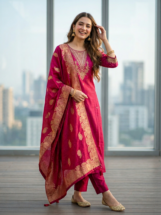 Solid Embroidered Straight Kurta with Pant & Jacquard Dupatta - Rani Pink
