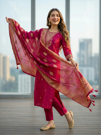 Solid Embroidered Straight Kurta with Pant & Jacquard Dupatta - Rani Pink