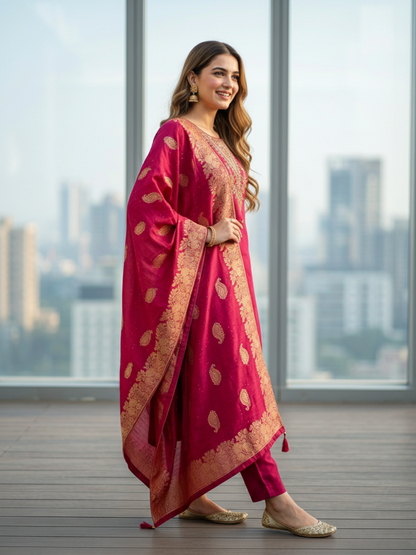 Solid Embroidered Straight Kurta with Pant & Jacquard Dupatta - Rani Pink