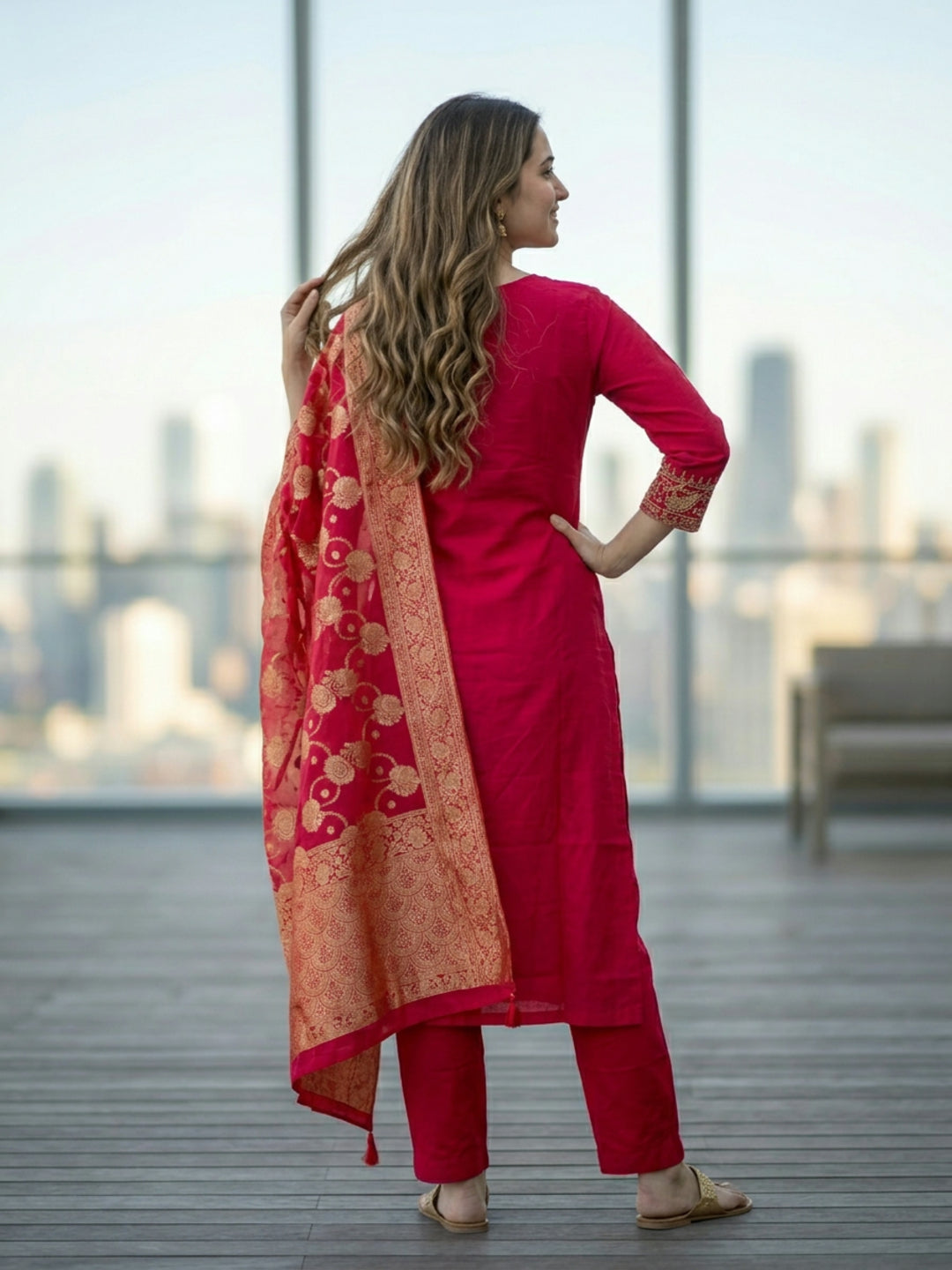 Solid Embroidered Straight Kurta with Pant & Jacquard Dupatta - Rani Pink