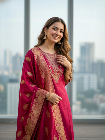 Solid Embroidered Straight Kurta with Pant & Jacquard Dupatta - Rani Pink