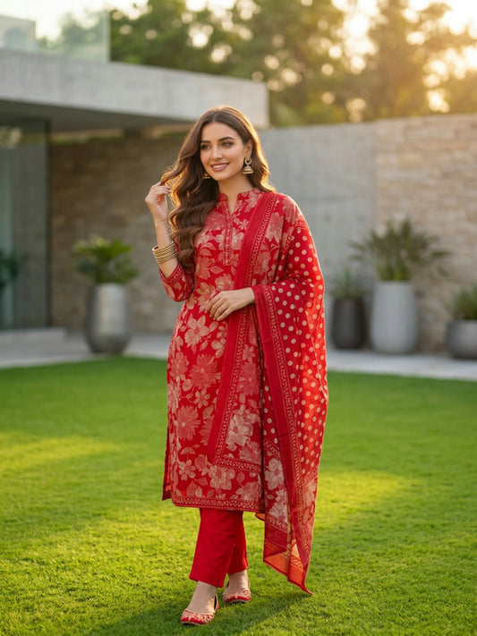 Floral Printed Anarkali Kurta with Pant & Dupatta - Red