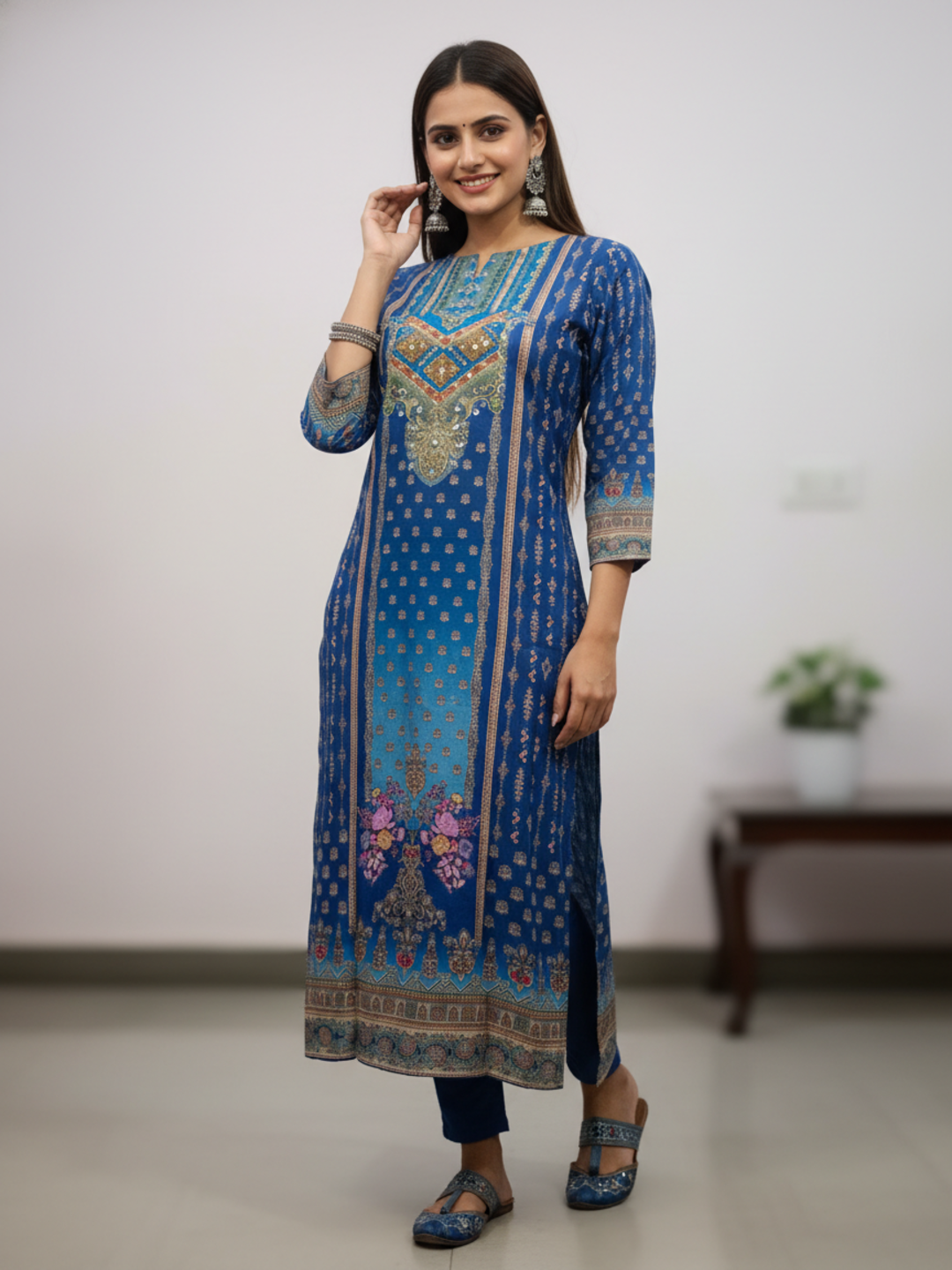 Ethnic Jewelry Print Straight Kurta with Mirror Work - Blue