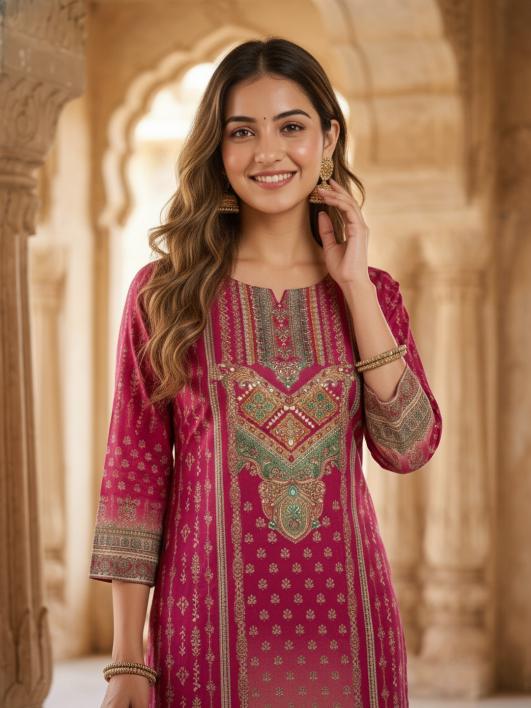Festive Ethnic Printed Straight Kurta – Rani Pink