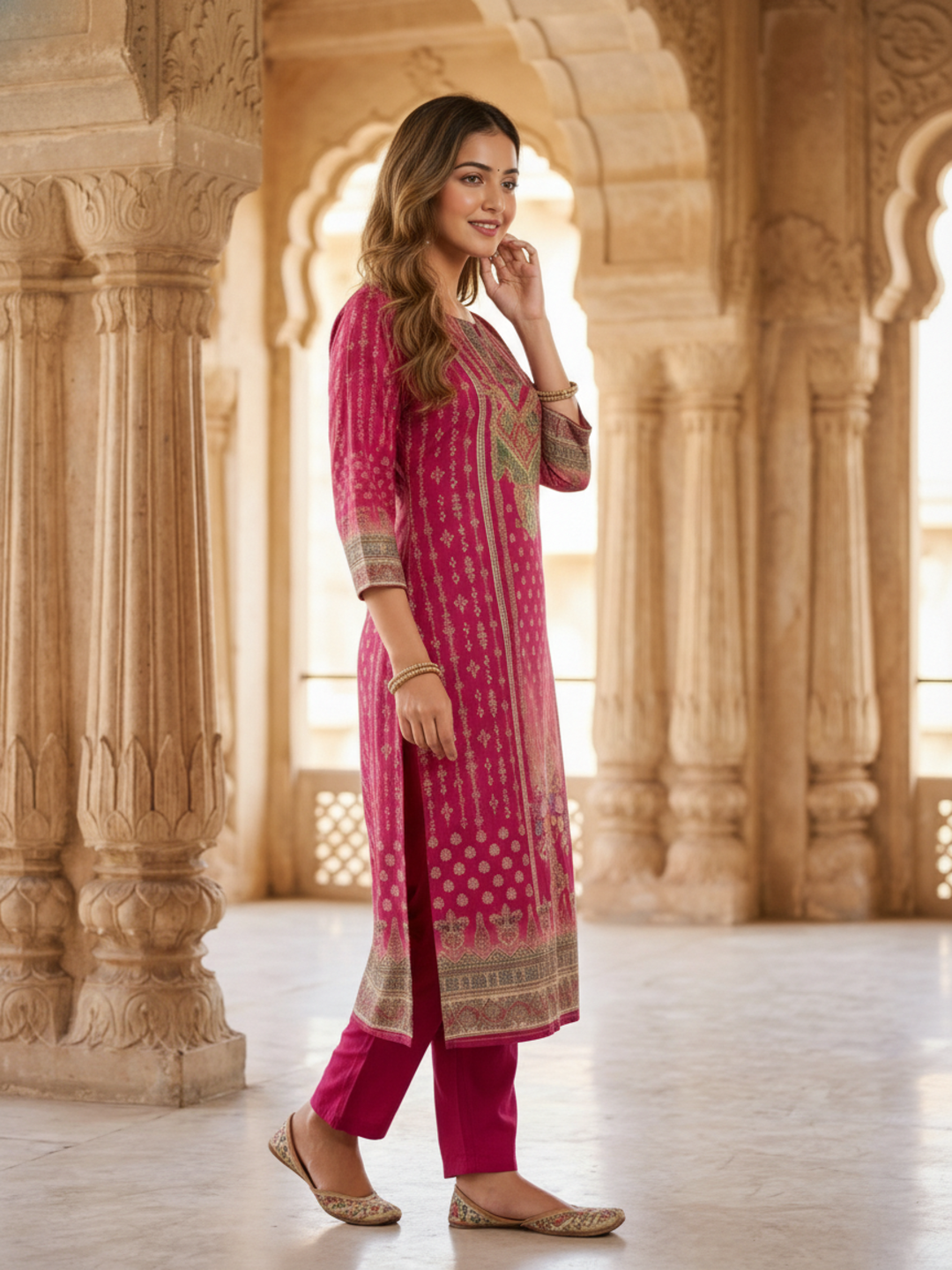 Festive Ethnic Printed Straight Kurta – Rani Pink