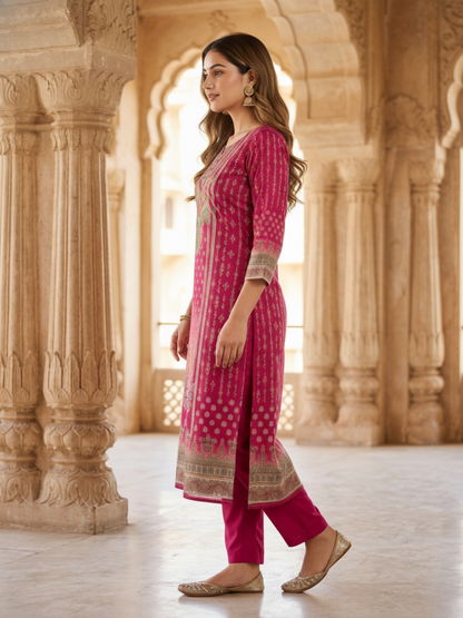 Festive Ethnic Printed Straight Kurta – Rani Pink