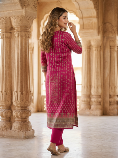 Festive Ethnic Printed Straight Kurta – Rani Pink