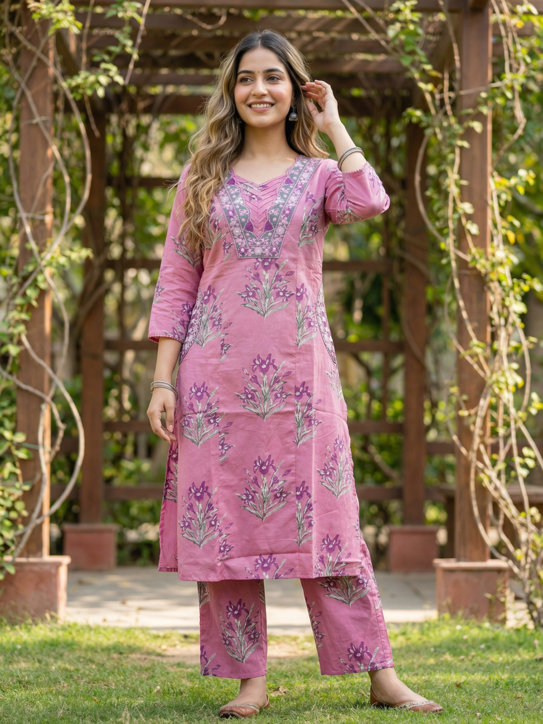 Floral Printed Embroidered Straight Kurta with Palazzo - Mauve