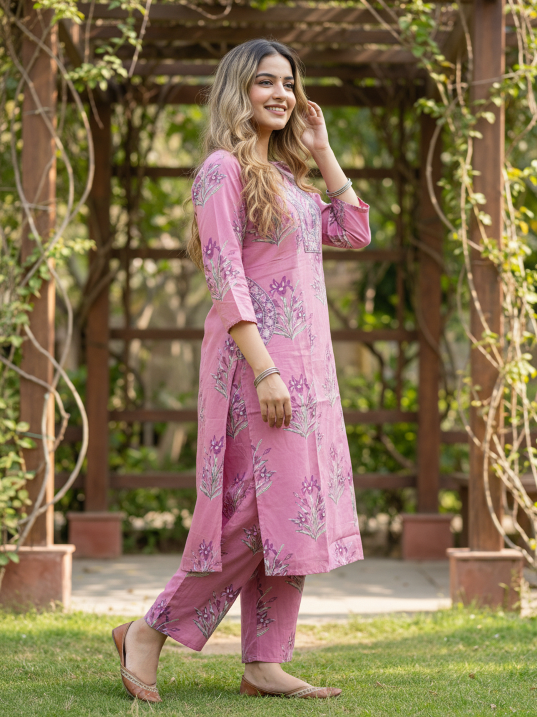 Floral Printed Embroidered Straight Kurta with Palazzo - Mauve