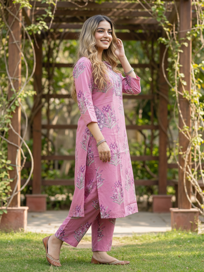 Floral Printed Embroidered Straight Kurta with Palazzo - Mauve