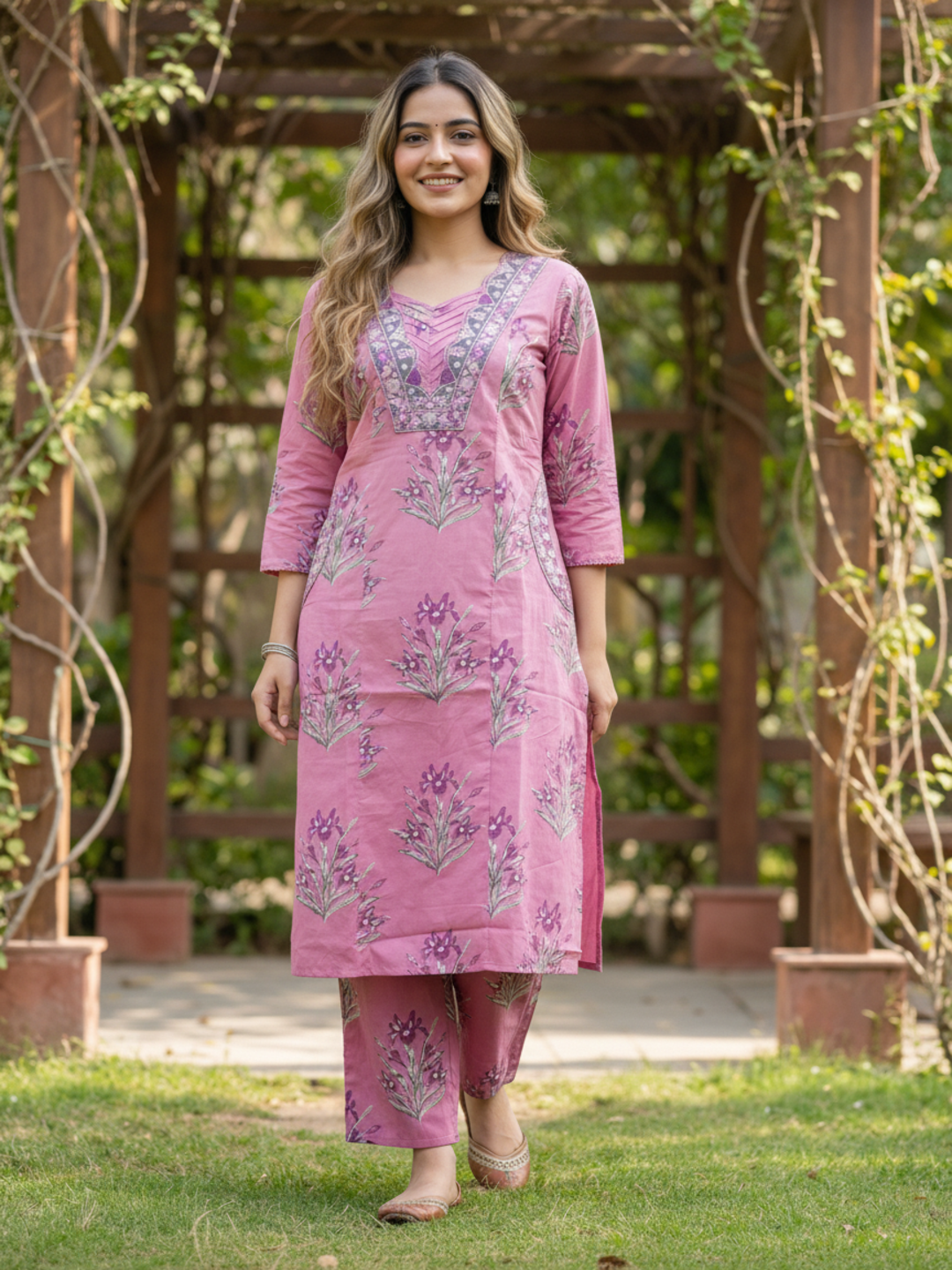 Floral Printed Embroidered Straight Kurta with Palazzo - Mauve