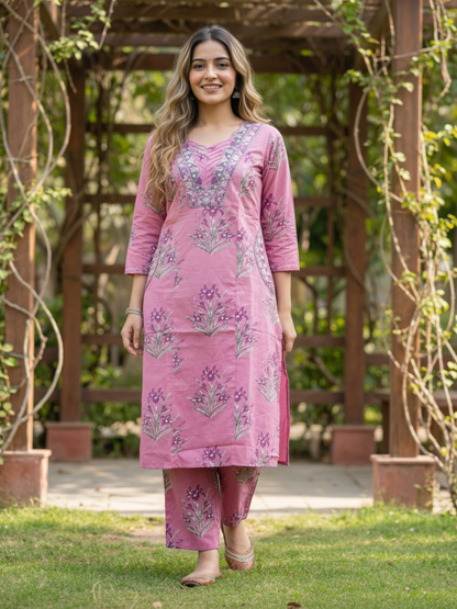 Floral Printed Embroidered Straight Kurta with Palazzo - Mauve