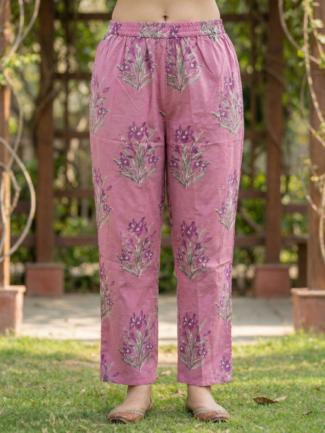 Floral Printed Embroidered Straight Kurta with Palazzo - Mauve