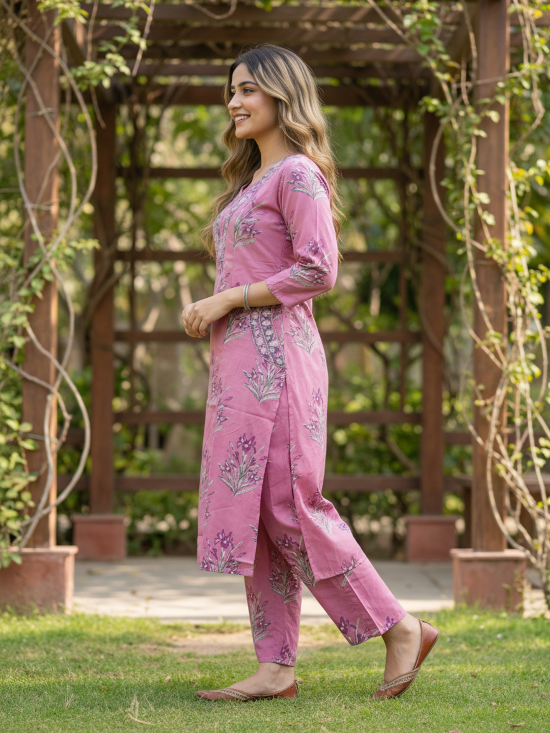 Floral Printed Embroidered Straight Kurta with Palazzo - Mauve
