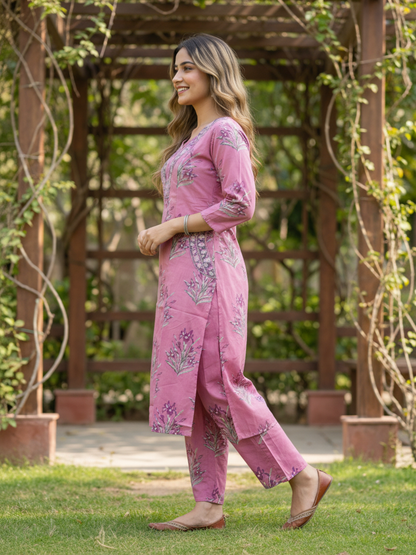 Floral Printed Embroidered Straight Kurta with Palazzo - Mauve