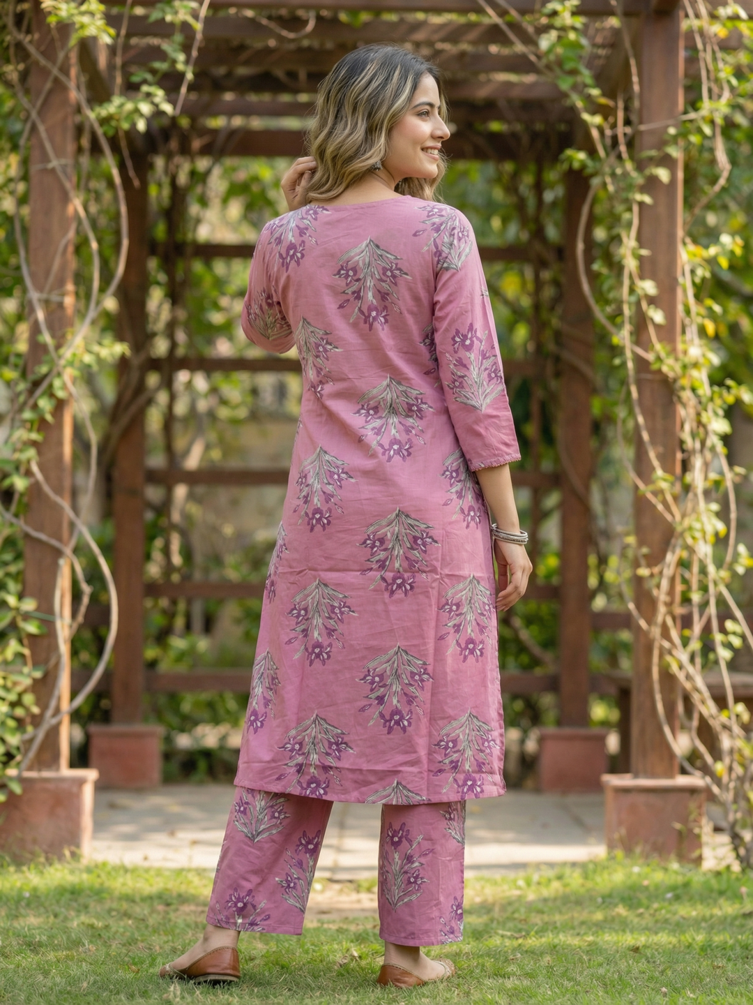 Floral Printed Embroidered Straight Kurta with Palazzo - Mauve