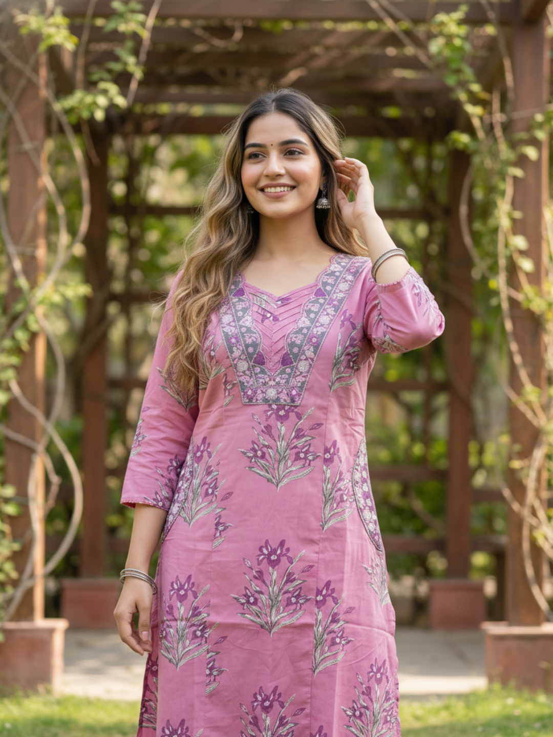 Floral Printed Embroidered Straight Kurta with Palazzo - Mauve