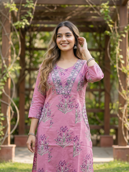 Floral Printed Embroidered Straight Kurta with Palazzo - Mauve