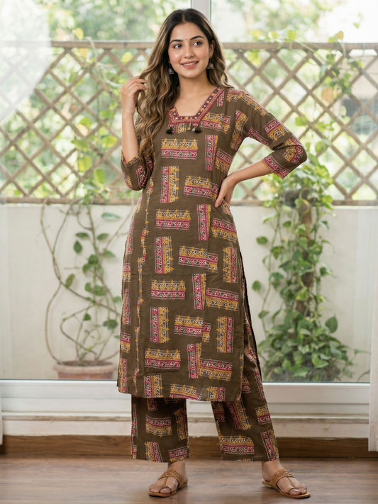 Abstract Print Straight Kurta with Palazzo - Olive Green