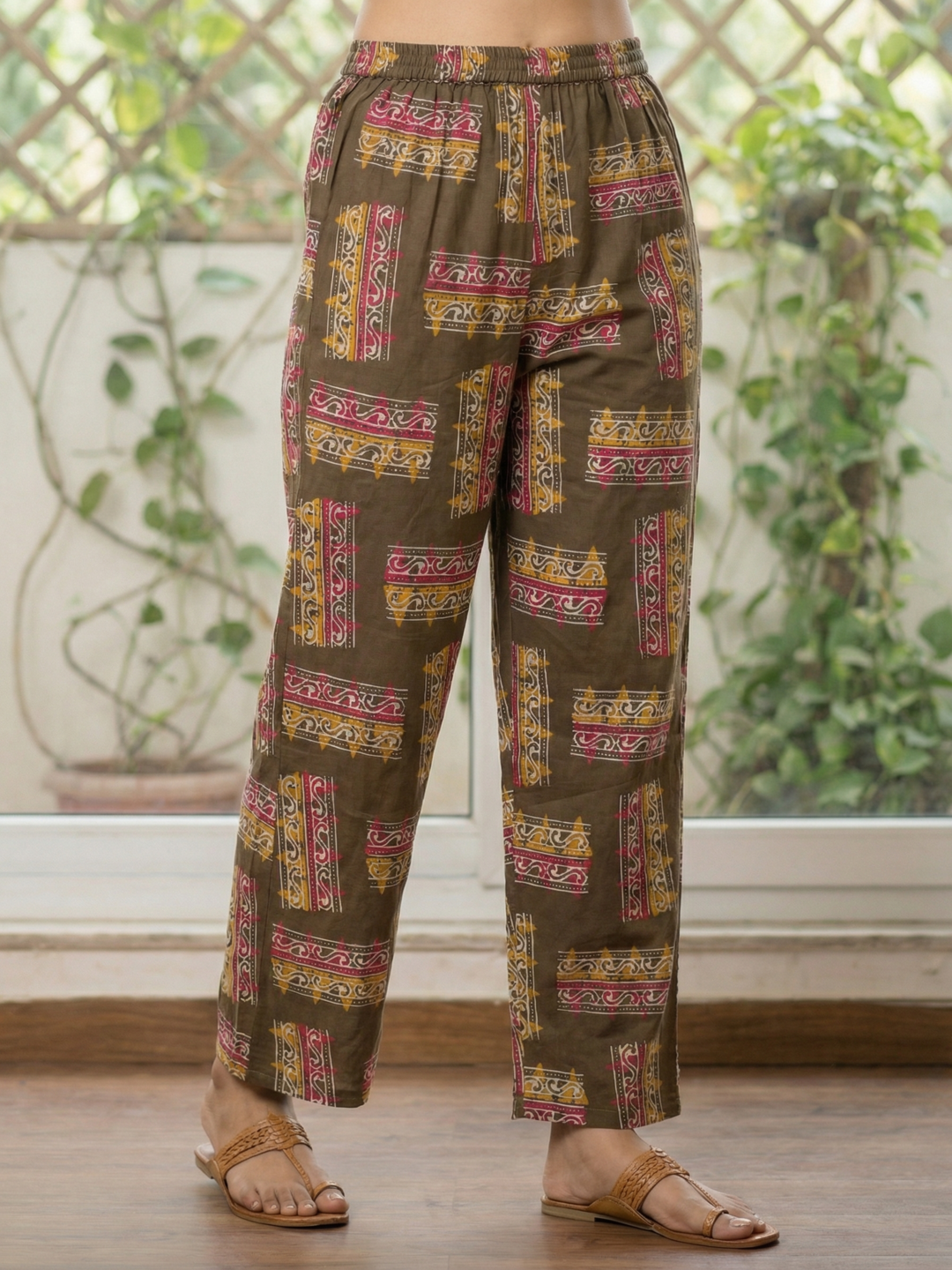 Abstract Print Straight Kurta with Palazzo - Olive Green