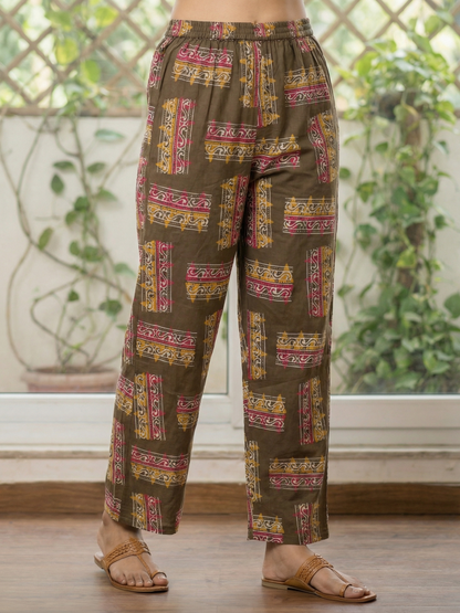 Abstract Print Straight Kurta with Palazzo - Olive Green
