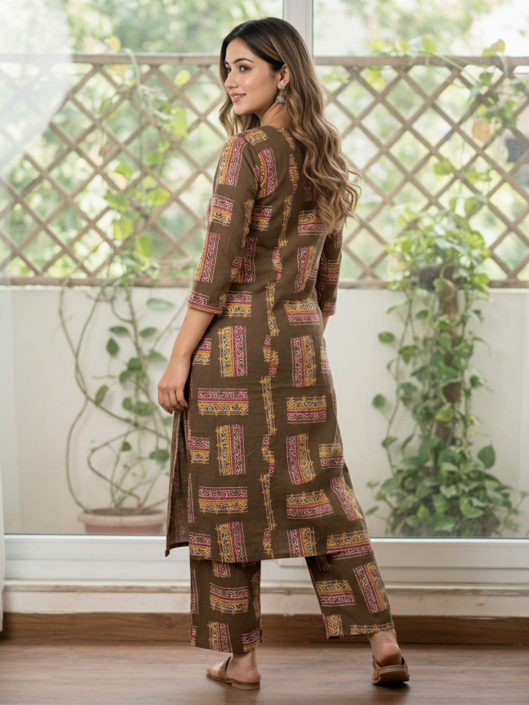Abstract Print Straight Kurta with Palazzo - Olive Green