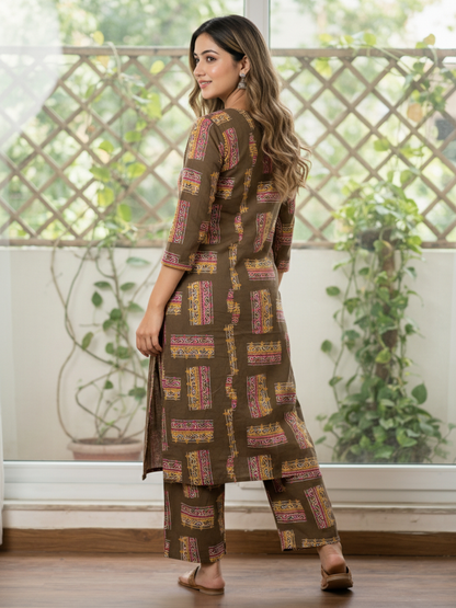 Abstract Print Straight Kurta with Palazzo - Olive Green