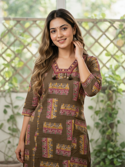 Abstract Print Straight Kurta with Palazzo - Olive Green