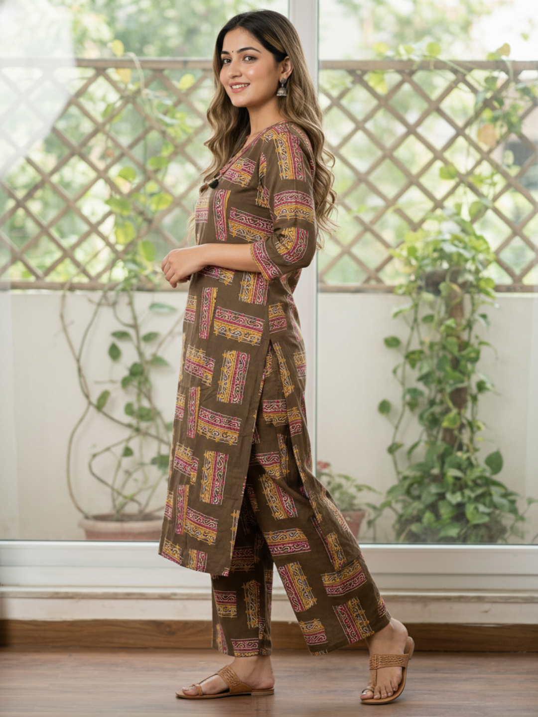 Abstract Print Straight Kurta with Palazzo - Olive Green
