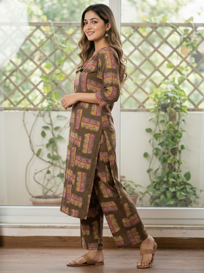 Abstract Print Straight Kurta with Palazzo - Olive Green