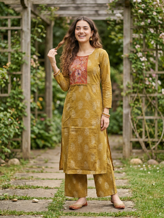 Ethnic Paisley Printed Mirror Work Straight Kurta with Palazzo - Mustard