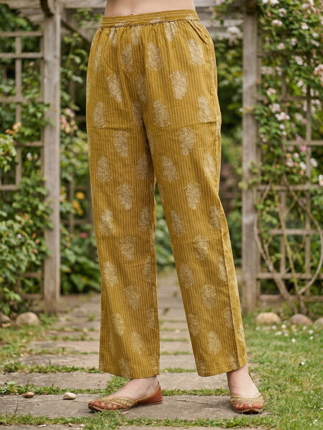 Ethnic Paisley Printed Mirror Work Straight Kurta with Palazzo - Mustard