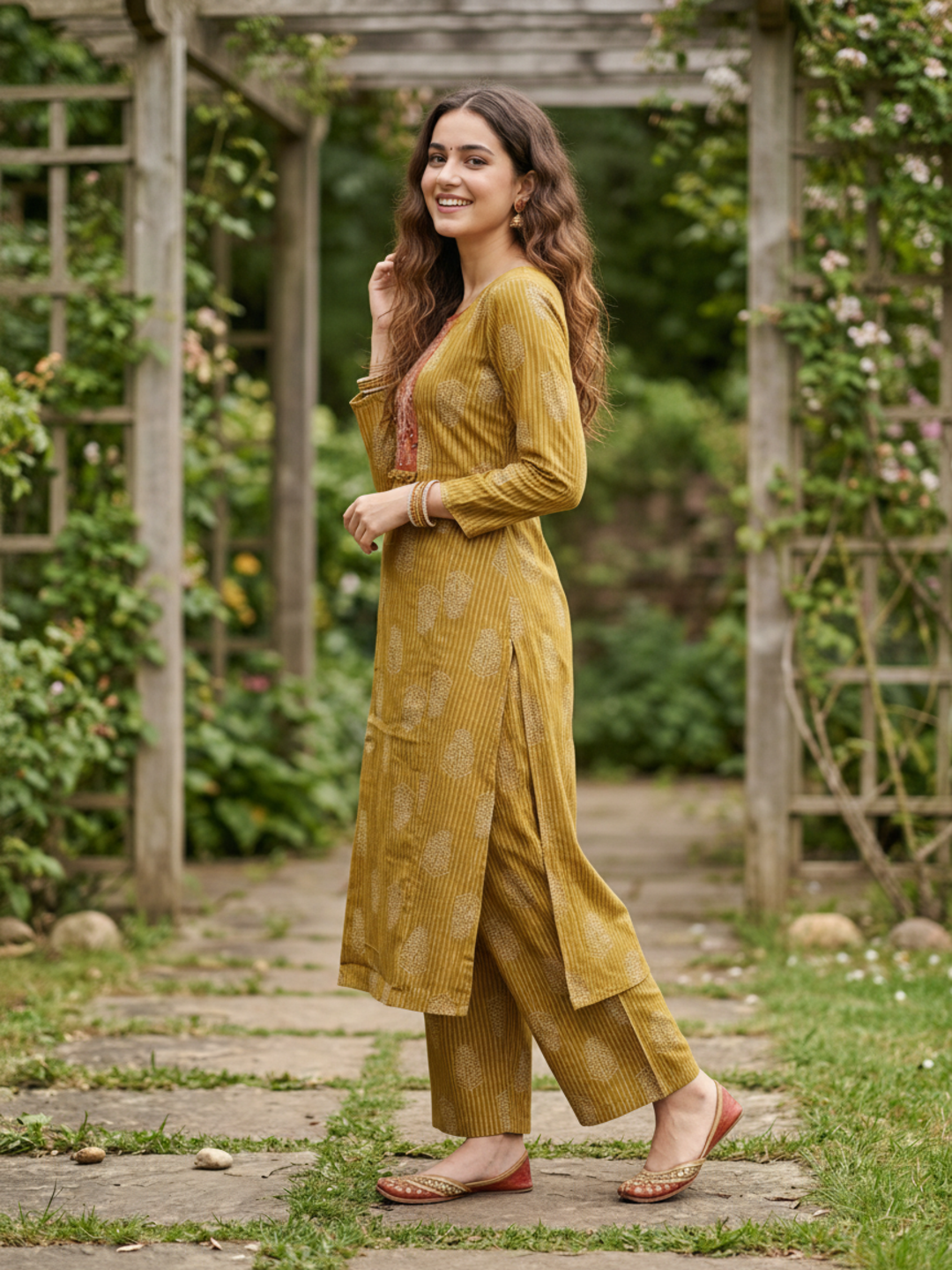 Ethnic Paisley Printed Mirror Work Straight Kurta with Palazzo - Mustard