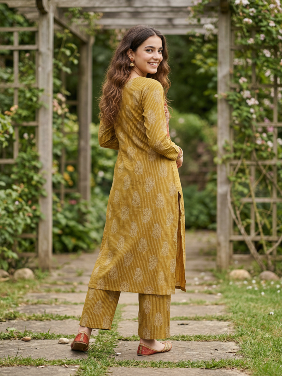 Ethnic Paisley Printed Mirror Work Straight Kurta with Palazzo - Mustard