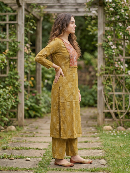 Ethnic Paisley Printed Mirror Work Straight Kurta with Palazzo - Mustard