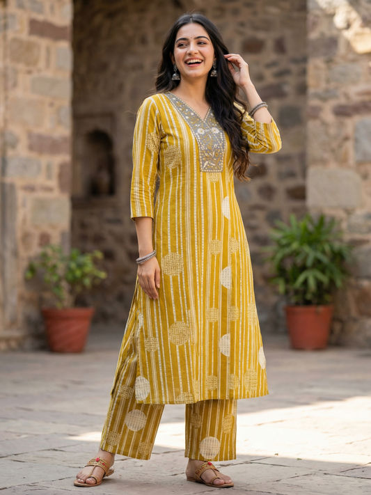 Abstract Printed Mirror Work Straight Kurta with Pant - Mustard Yellow