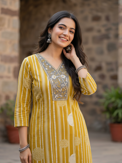 Abstract Printed Mirror Work Straight Kurta with Pant - Mustard Yellow
