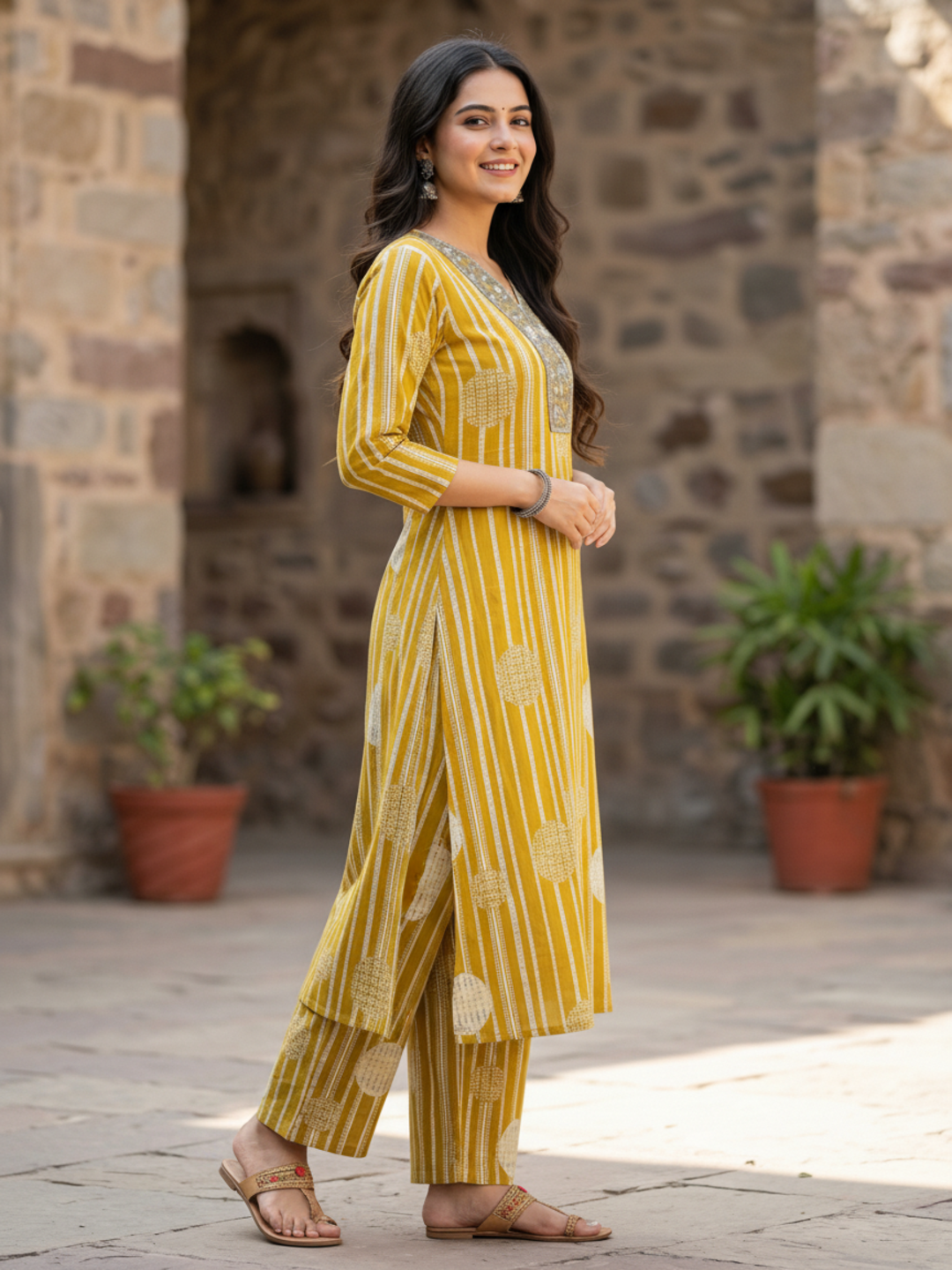 Abstract Printed Mirror Work Straight Kurta with Pant - Mustard Yellow