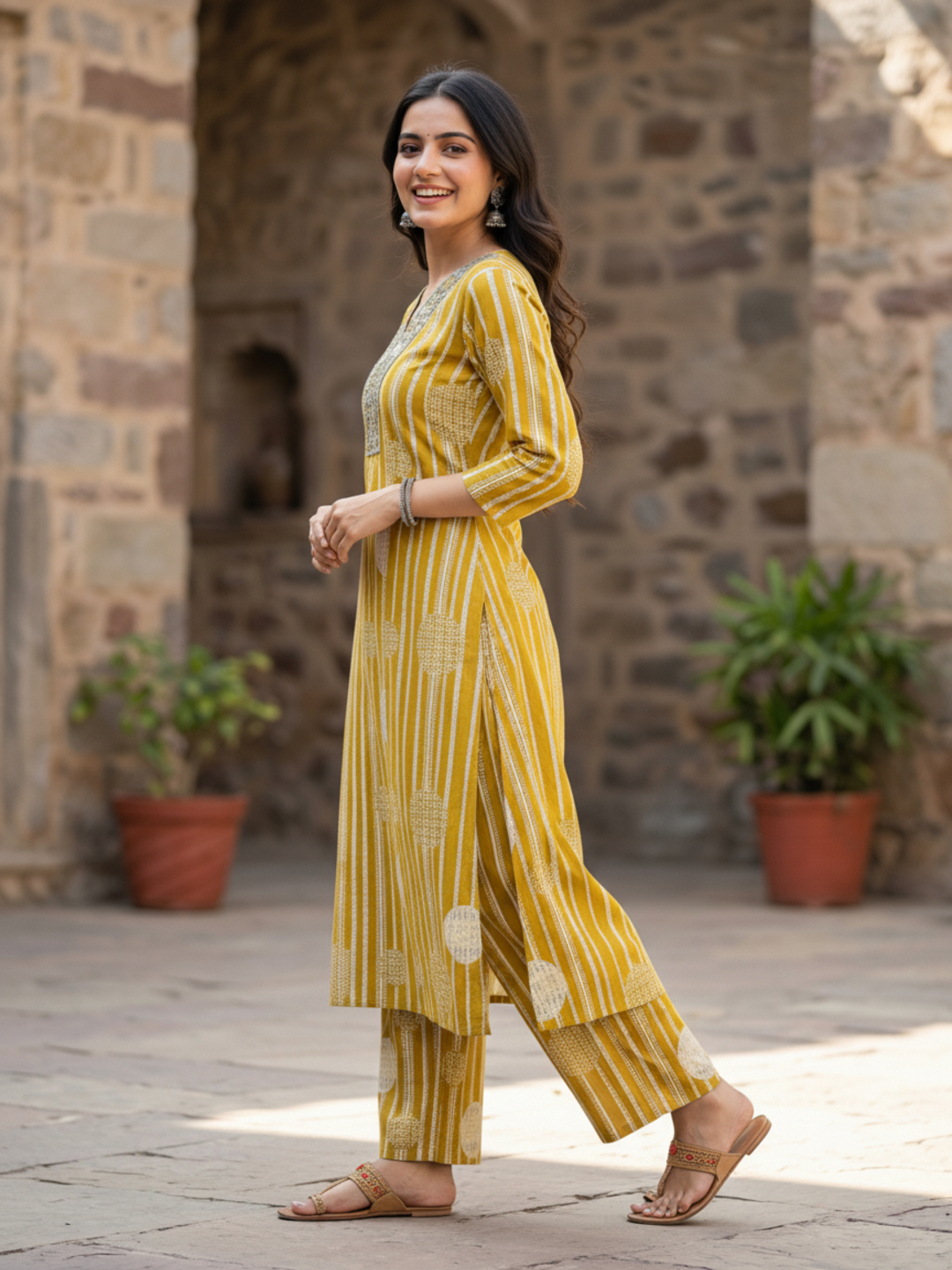 Abstract Printed Mirror Work Straight Kurta with Pant - Mustard Yellow