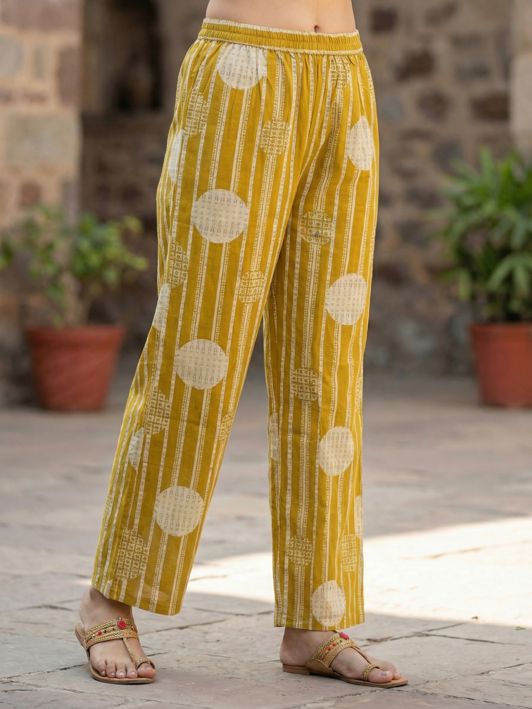 Abstract Printed Mirror Work Straight Kurta with Pant - Mustard Yellow
