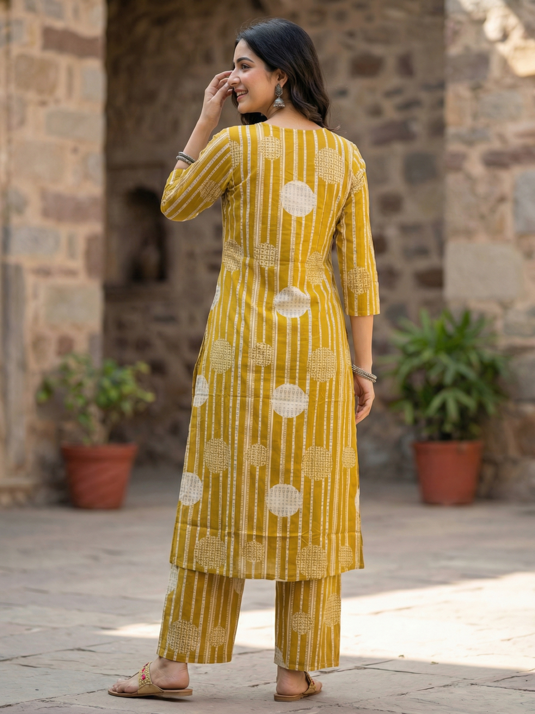 Abstract Printed Mirror Work Straight Kurta with Pant - Mustard Yellow